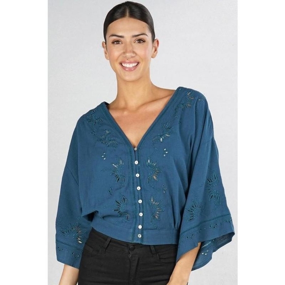 💗 Lovestitch 💗 Boho Eyelet Cropped Blouse / Size L - Picture 2 of 3